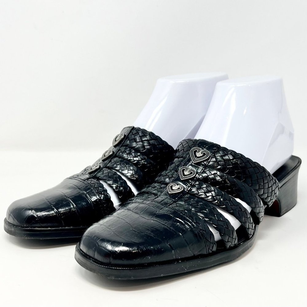 Coldwater Creek Leather Braided Strap Mule Silver Hearts Accent Croc Size 8M